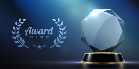 Award podium with glass trophy with laurel wreath on dark background. Symbol of victory, achievement, success, rewarding of winner.のイラスト素材