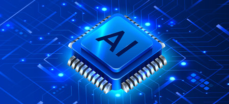 Brightly glowing AI computer chip. Technology concept. CPU processor. Computer microchip.のイラスト素材