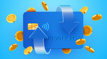 Cashback icon with credit card isolated on blue background. Cashback or money back label.のイラスト素材