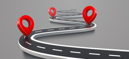 Road map with 3d location pin icon symbol or gps travel route navigation markers and transportation place pointer.のイラスト素材