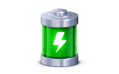Full charged battery glowing with green light charging status indicator isolated . Realistic glass power battery.のイラスト素材