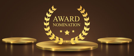 Three Award round podiums with laurel wreath on dark background. Vector golden symbol of victory, achievement, success, rewarding of winner.のイラスト素材