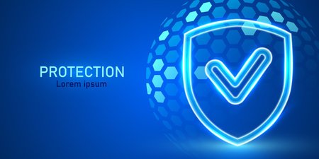 3D transparent sphere protection shield with neon glowing elements. Power energy barrier, force field, protection or defend concept.のイラスト素材