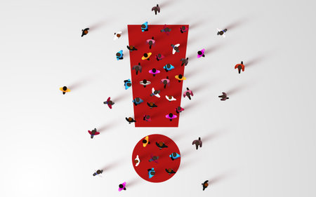 Diverse crowd of people gathered around a large red exclamation mark, symbolizing attention, importance, or an diligent message.のイラスト素材