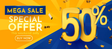 Mega Sale Special Offer banner fifty percents. 50 percents discount on a vibrant yellow and blue background.のイラスト素材