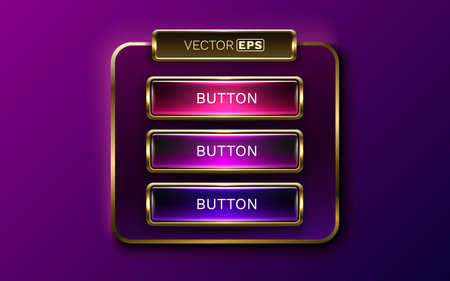 Premium UI Interface Panel with Gold Frame and Neon Vibrant Purple Buttons. Vector illustrationのイラスト素材