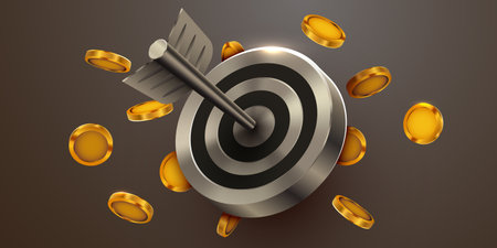 Target hit by arrow surrounded by golden coins.のイラスト素材