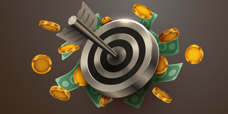 Target hit by arrow surrounded by golden coins.のイラスト素材