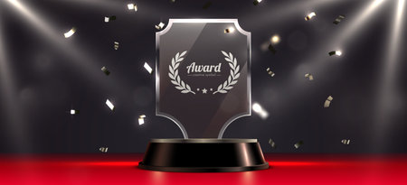 Award round podium with glass trophy with laurel wreath on dark background. Symbol of victory, achievement, success, rewarding of winner.のイラスト素材