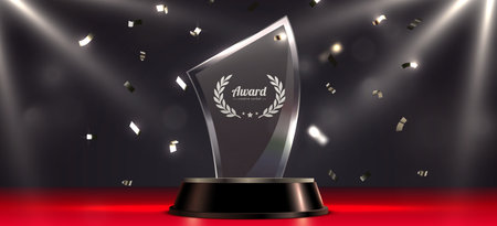 Award round podium with glass trophy with laurel wreath on dark background. Symbol of victory, achievement, success, rewarding of winner.のイラスト素材