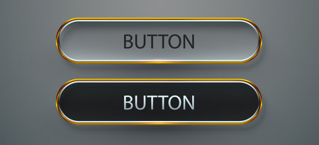 Modern glass Web Buttons with Golden Accents. Realistic 3D style UI elements in gray and black.のイラスト素材
