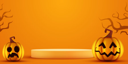 Halloween Party banner with spooky pumpkins and a product display stand. Perfect for holiday promotions.のイラスト素材