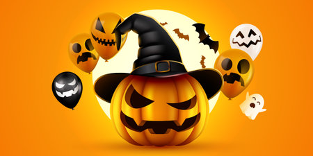 Spooky Halloween Jack o Lantern with Witch Hat and Eerie Balloons.