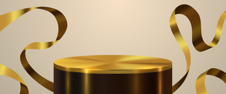Podium scene background with golden ribbon. Winner stage pedestal or platform.のイラスト素材