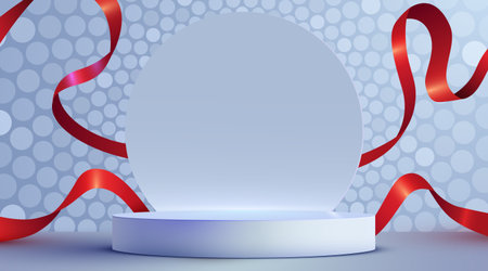Elegant product display stage with festive red ribbons.のイラスト素材
