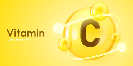 Vitamin C supplement concept with glossy yellow spheres and molecular structure.のイラスト素材
