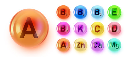 Colorful vitamin and mineral supplement capsules. Essential nutrients for a healthy lifestyle.のイラスト素材