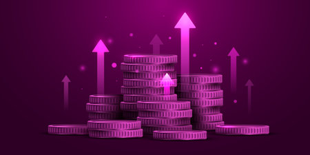 Financial Growth with Stacks of Coins and Upward Arrows.のイラスト素材