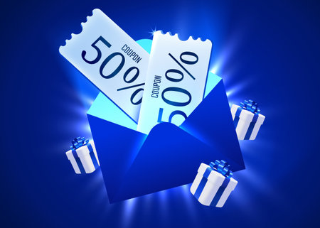 Discount Coupons and Gifts in Blue Envelope.のイラスト素材