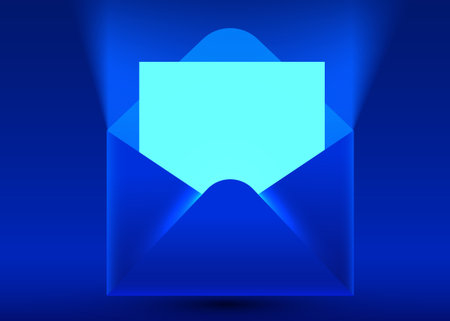 Open glowing blue envelope with blank paper. Abstract communication message concept.のイラスト素材