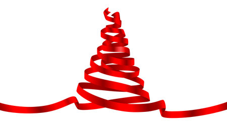 Elegant red ribbon forming a festive Christmas tree shape. Ideal for holiday designs and seasonal celebrations.のイラスト素材