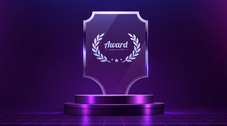 Shiny glass award plaque with laurel wreath on a glowing purple podium against a dark futuristic background.のイラスト素材