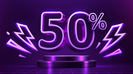 Glowing 50 discount with neon lightning on a dark stage.のイラスト素材