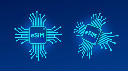 Modern eSIM microchip with glowing circuit connections. Digital technology concept.のイラスト素材