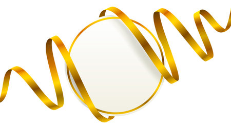 Elegant golden ribbon and blank circle frame on white background. Perfect for celebrations, greetings, and promotions.のイラスト素材