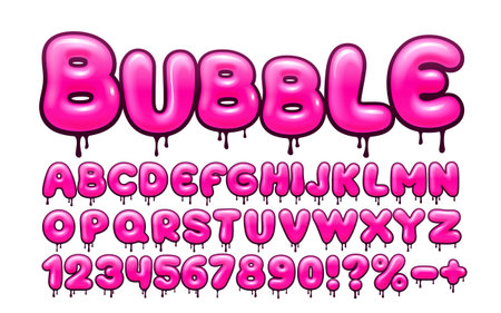 Sweet Pink Bubble Font with Dripping Effect. A fun and glossy alphabet for playful designs.のイラスト素材