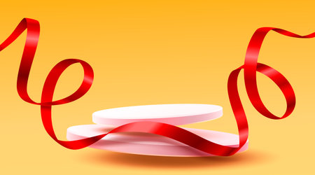 Elegant 3D podiums with a vibrant red ribbon on a warm yellow background.のイラスト素材