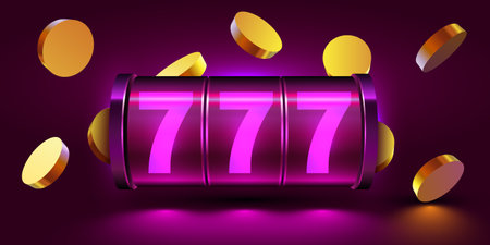 Shining slot machine with classic gambling symbols and flying golden coins.のイラスト素材