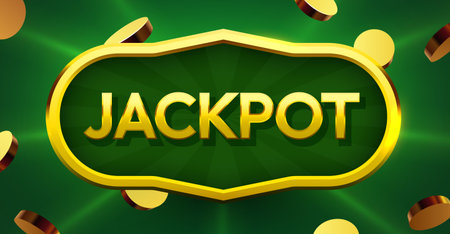 Jackpot golden text banner with falling coins on green background.のイラスト素材