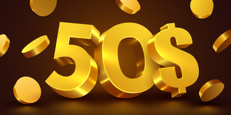 Golden 3D 50 dollars symbol with falling coins. Luxurious price, discount, bonus or offer symbol.