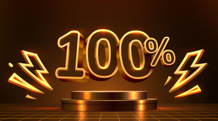 Glowing 100 sign on a vibrant podium background.のイラスト素材