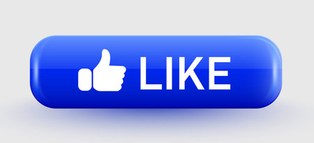 Glossy blue Like button with thumbs up icon. A modern social media interface element.
