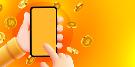 3D hand holding smartphone with flying coins. Money rain.のイラスト素材