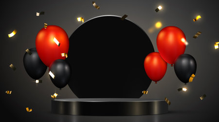 Festive black podium with balloons and golden confetti, ideal for product showcases or event promotions.のイラスト素材
