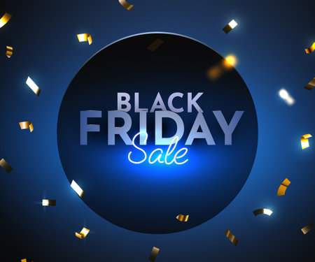 Black Friday Sale banner with blue neon light and confetti. Trendy promotional design for marketing.のイラスト素材