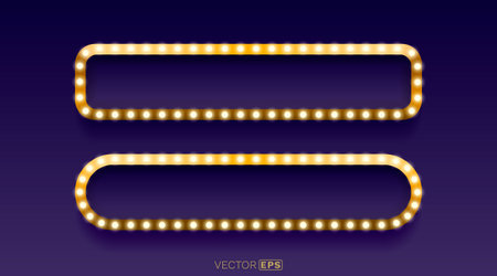 Retro golden light bulb frames on a dark purple background. Glowing marquee borders for an eye-catching design.のイラスト素材