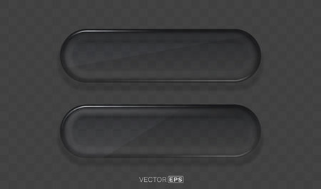 Transparent glass buttons or banners. Sleek, dark glossy UI elements on a checkerboard background.のイラスト素材