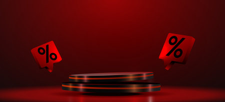 Stylish 3D product display podium with percentage tags on a red background.のイラスト素材