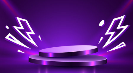 Flash Sale or mega sale banner. Colorful discount sale podium banner, neon pedestal.のイラスト素材