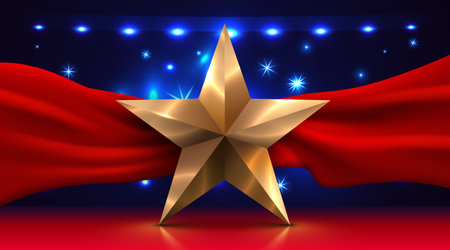 Golden star on vibrant red fabric with blue sparkling lights.のイラスト素材