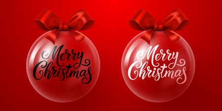 Festive glass Christmas toys with Merry Christmas lettering Ornaments with Bows. These elegant glossy decorations are perfect for holiday designs.のイラスト素材