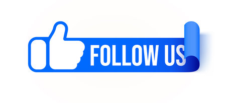 Follow Us blue banner with thumbs up icon for social media engagement.のイラスト素材