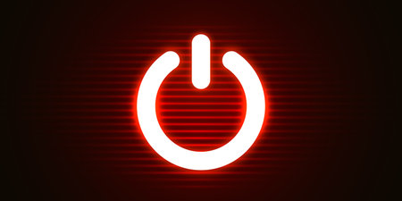 Glowing power button icon on a futuristic blue background. Represents technology, start, or energy concepts.のイラスト素材