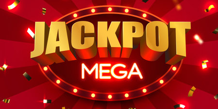 Mega Jackpot 3D golden text with glowing frame and confetti on a red background. A vibrant illustration for winning concepts.のイラスト素材