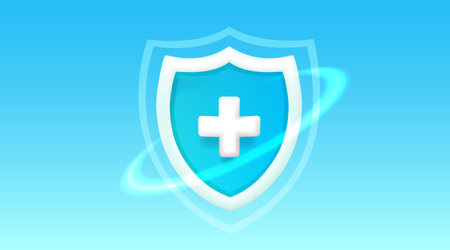 Modern shield icon with a plus sign, symbolizing health, safety, and protection.のイラスト素材