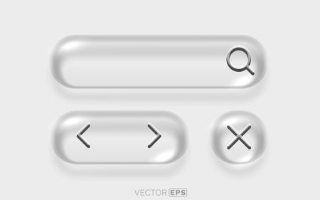 Modern Neumorphic UI elements set. A soft 3D search bar, navigation arrows, and close button.のイラスト素材